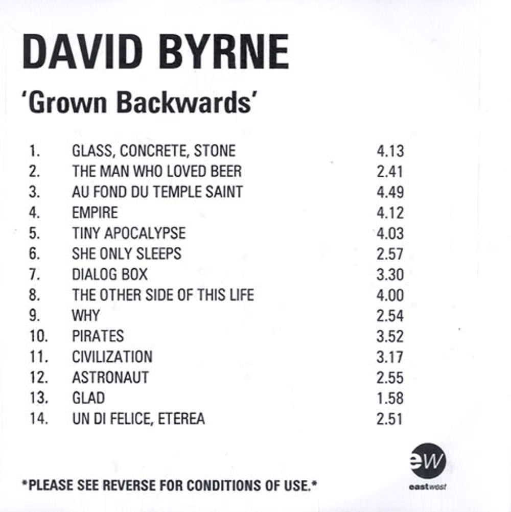 David Byrne Grown Backwards UK Promo CD-R acetate CD-R
