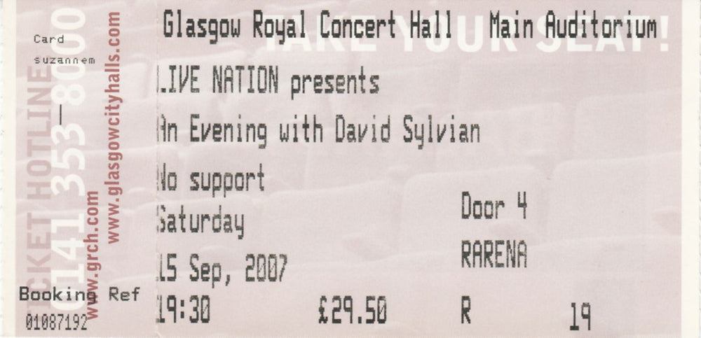 David Sylvian An Evening With David Sylvian - Glasgow Royal Concert Hall UK concert ticket TICKET
