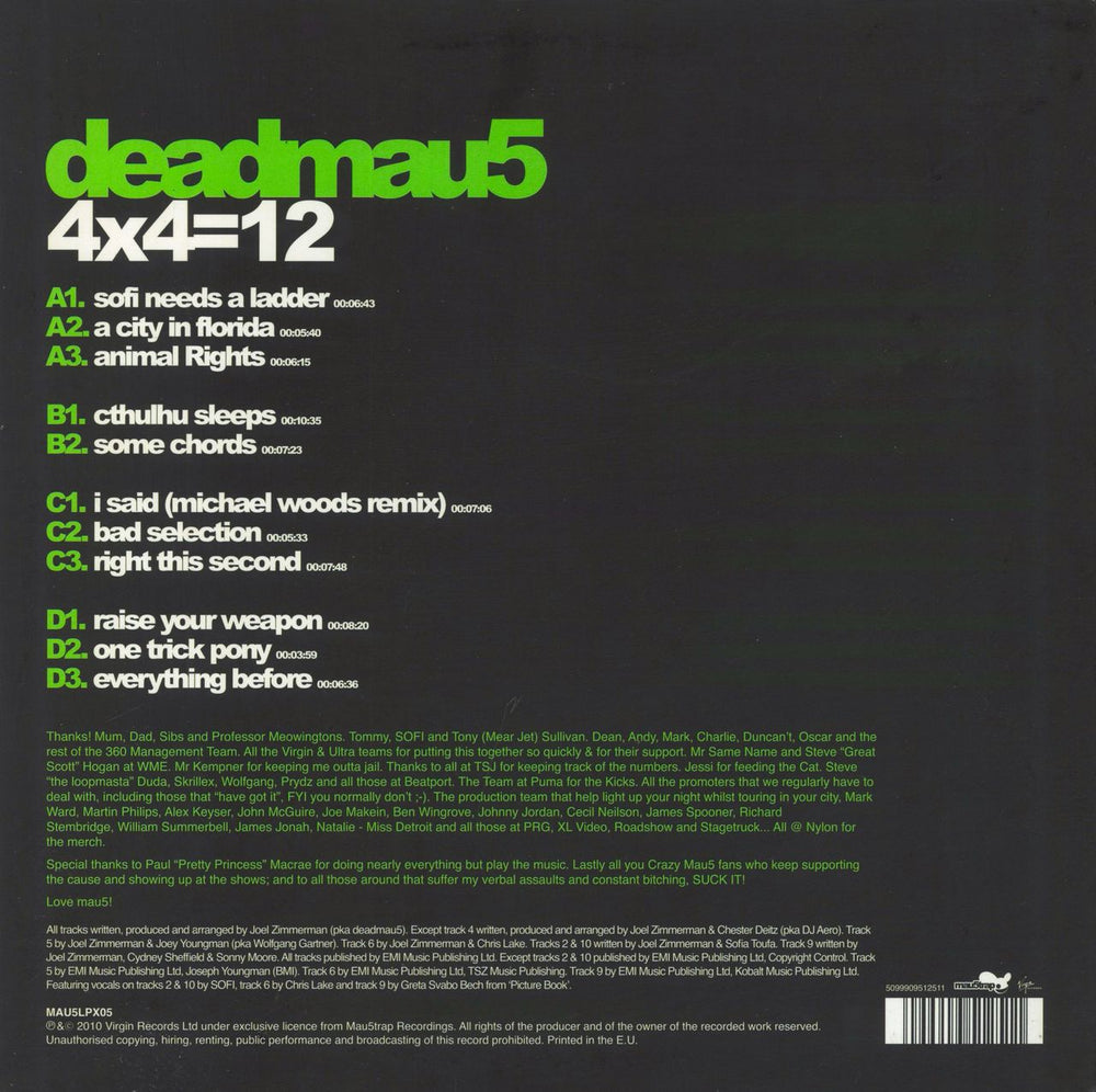 Deadmau5 4x4=12 - Red & Green Vinyl UK 2-LP vinyl record set (Double LP Album) 5099909512511