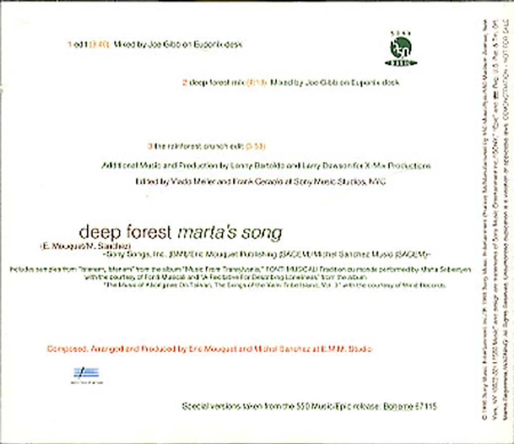 Deep Forest Marta's Song US Promo CD single (CD5 / 5") DFOC5MA56341