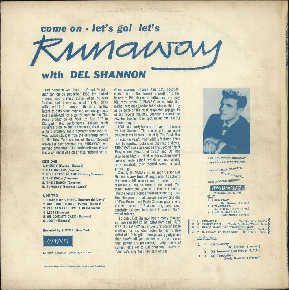 Del Shannon Runaway UK vinyl LP album (LP record)