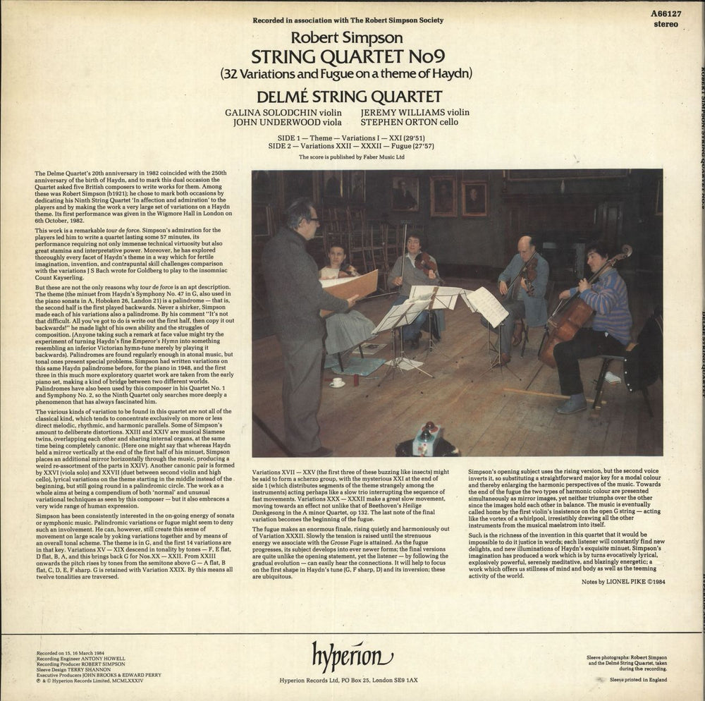 Delmé String Quartet Robert Simpson: String Quartet No. 9 (32 Variations And Fugue On A Theme Of Haydn) UK vinyl LP album (LP record)