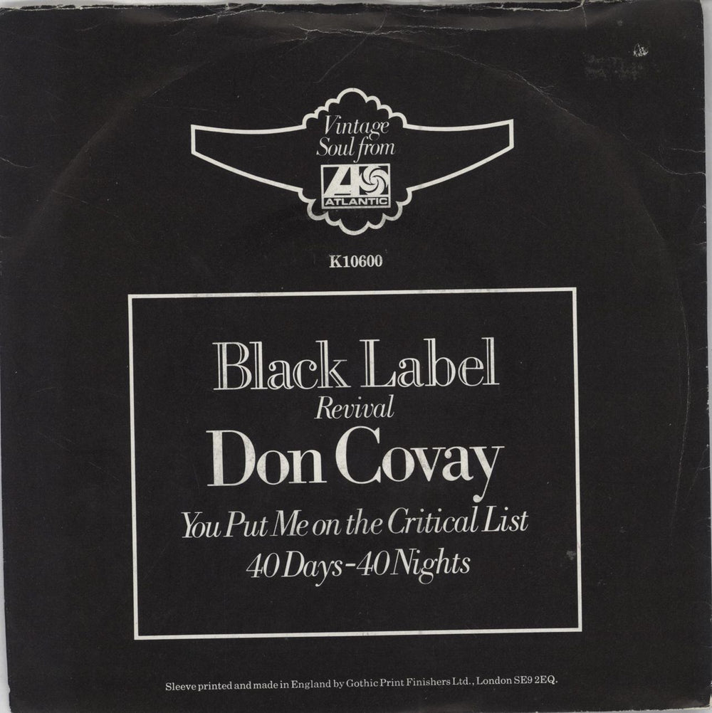 Don Covay You Put Me On The Critical List UK 7" vinyl single (7 inch record / 45) K10600