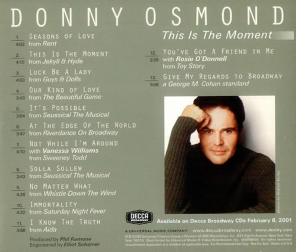 Donny Osmond This Is The Moment US Promo CD album (CDLP) DOSCDTH181122