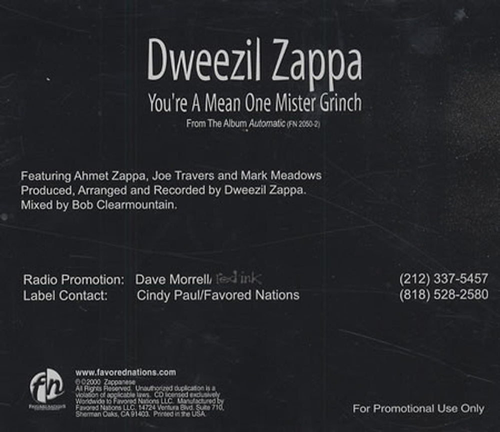 Dweezil Zappa You're A Mean One Mister Grinch US Promo CD single (CD5 / 5") EEZC5YO172452