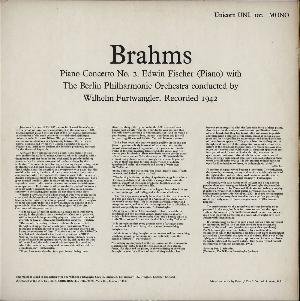 Edwin Fischer Brahms: Piano Concerto No. 2 UK vinyl LP album (LP record)