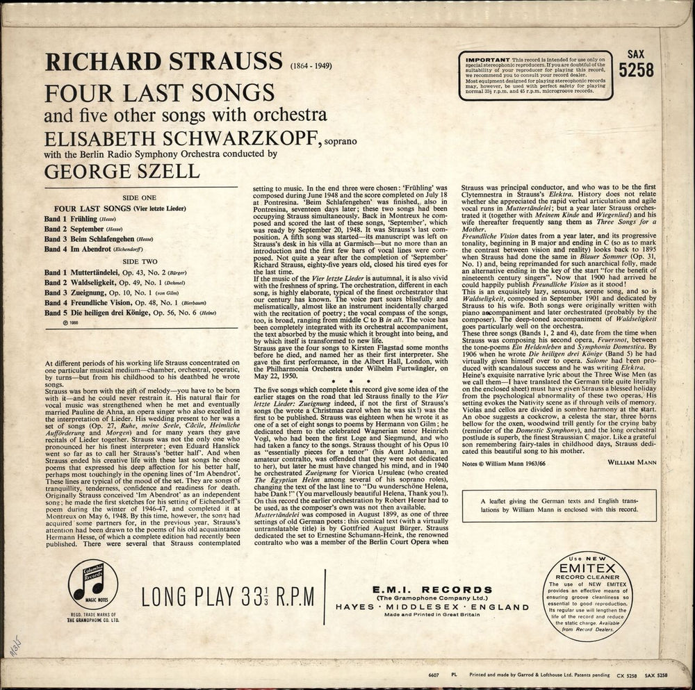 Elisabeth Schwarzkopf Richard Strauss: Four Last Songs - 1st UK vinyl LP album (LP record)