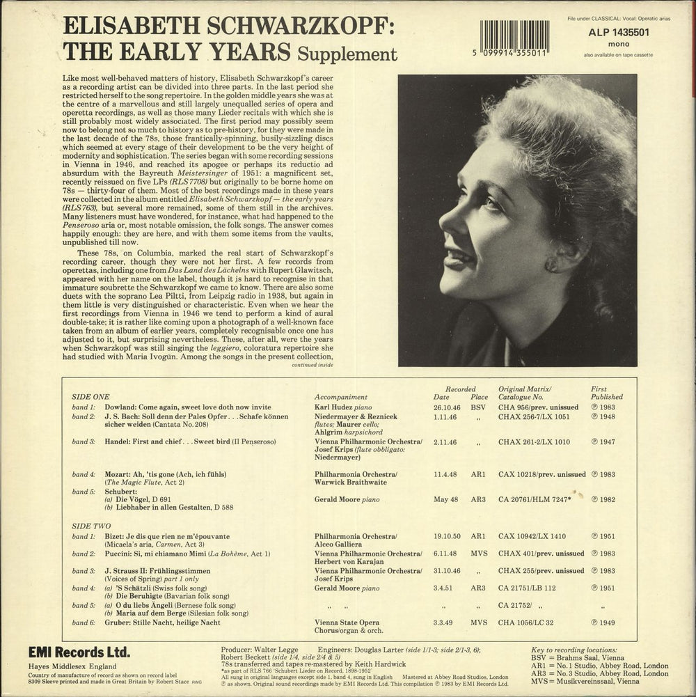 Elisabeth Schwarzkopf The Early Years (Supplement): Songs, Arias & Folk Songs UK vinyl LP album (LP record) 5099914355011