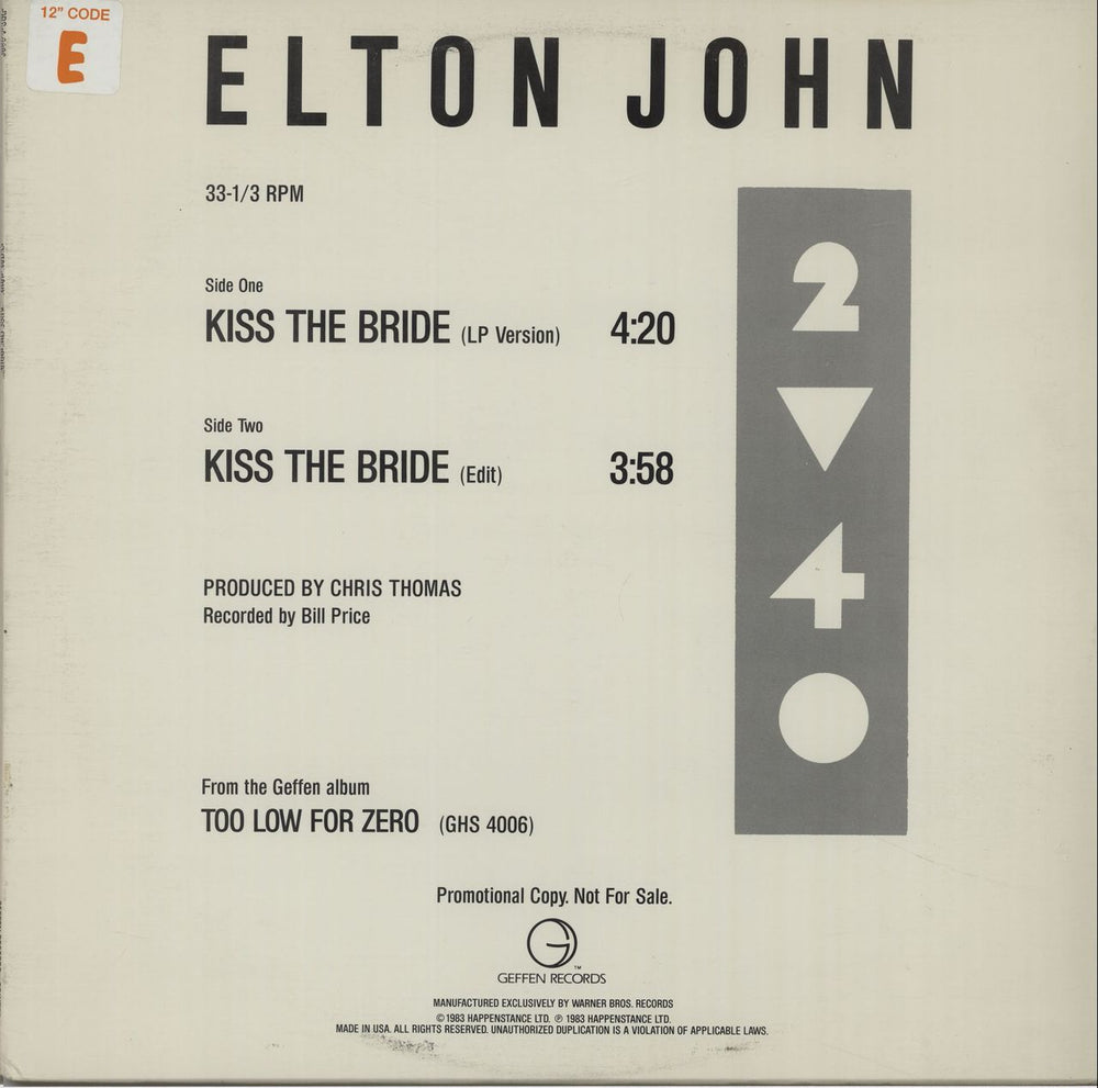 Elton John Kiss The Bride US Promo 12" vinyl single (12 inch record / Maxi-single) PRO-A-2066