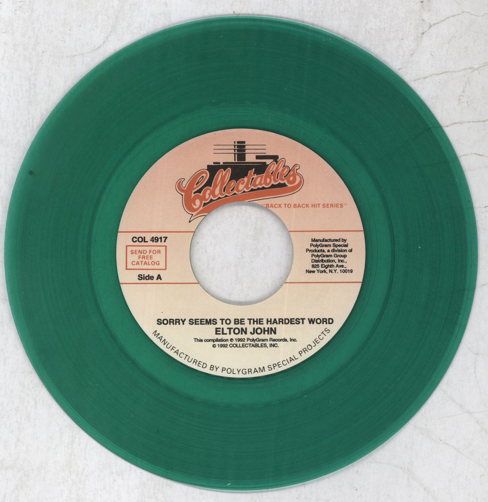 Elton John Sorry Seems To Be The Hardest Word - Green Vinyl US 7" vinyl single (7 inch record / 45) JOH07SO821444