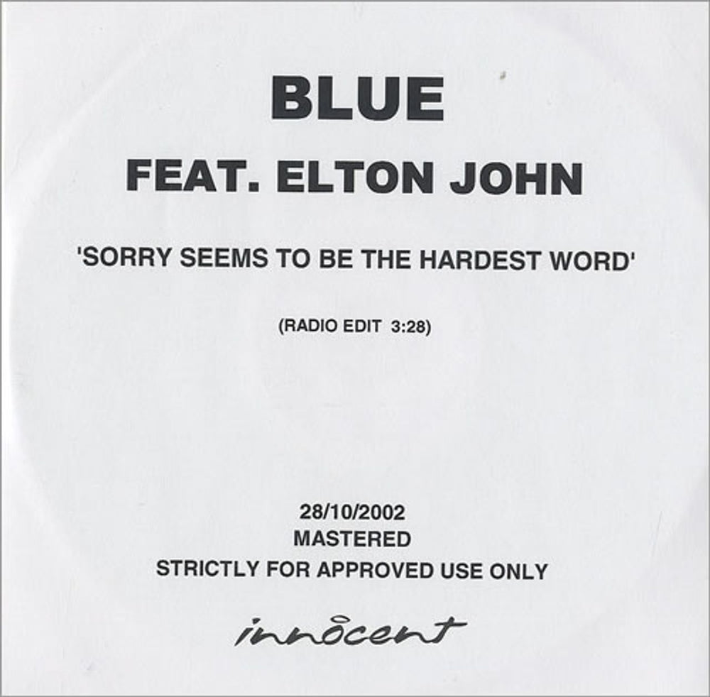 Elton John Sorry Seems To Be The Hardest Word UK Promo CD-R acetate CD-R ACETATE