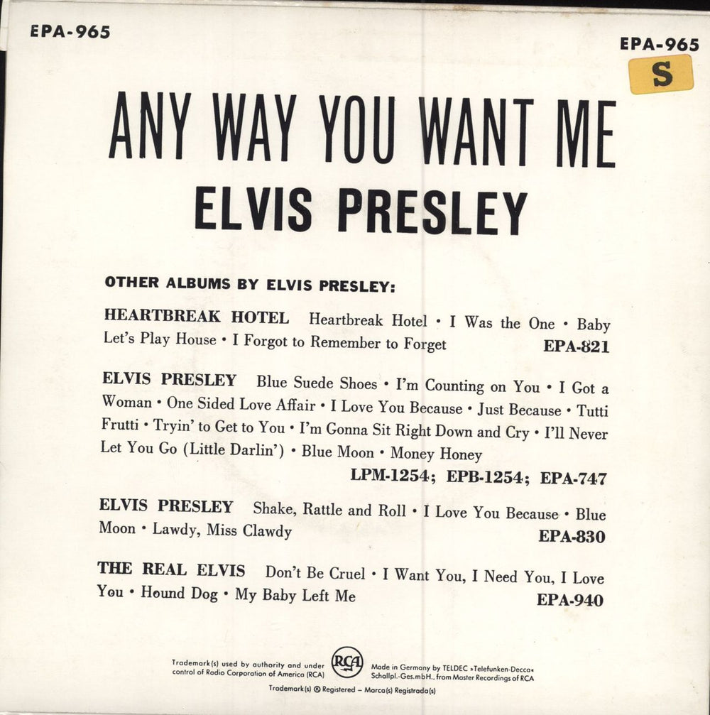 Elvis Presley Any Way You Want Me EP - 3rd German 7" vinyl single (7 inch record / 45)