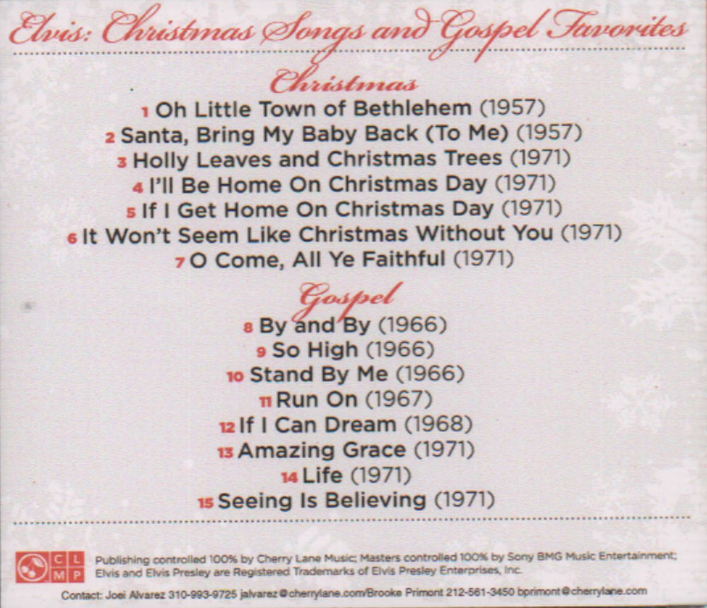 Elvis Presley Christmas Songs And Gospel Favorites US Promo CD album (CDLP) ELVCDCH433884