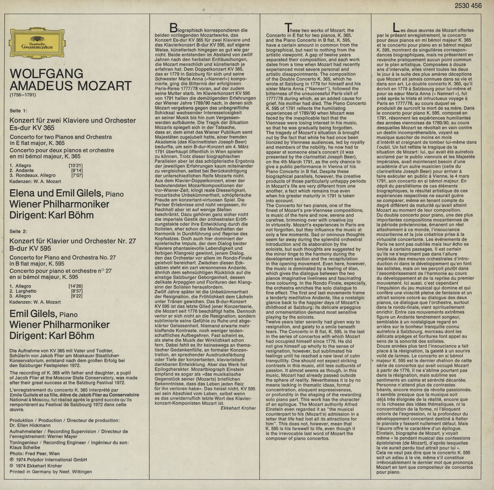 Emil Gilels Mozart: Klavierkonzert B-dur KV 595 / Konzert Für Zwei Klaviere Es-dur KV 365 German vinyl LP album (LP record)