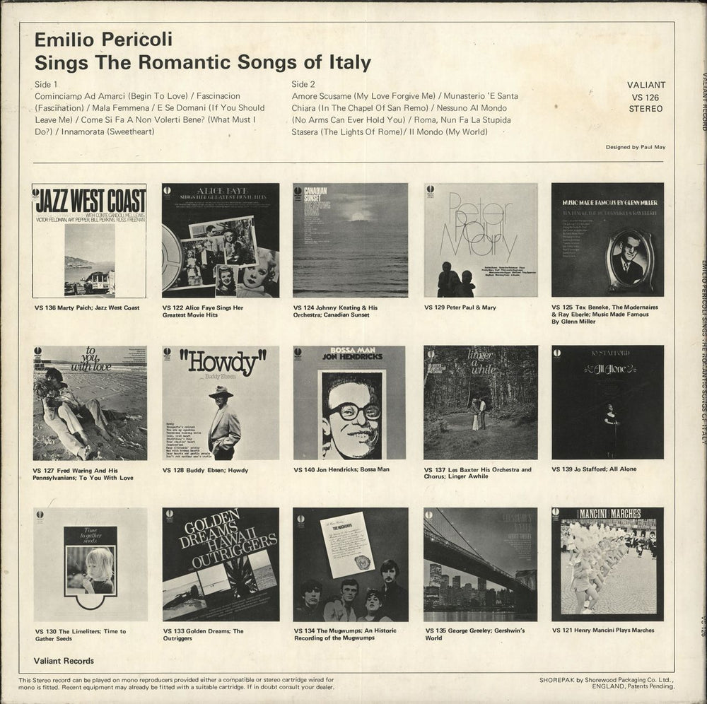 Emilio Pericoli The Romantic Songs Of Italy UK vinyl LP album (LP record)