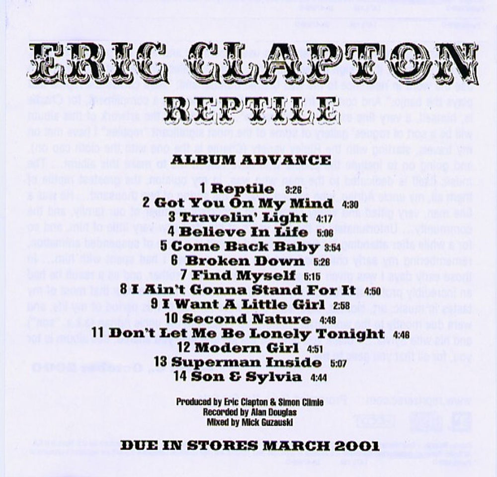 Eric Clapton Reptile US Promo CD album (CDLP) 2A-47966-D