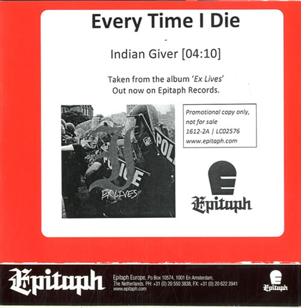 Every Time I Die Indian Giver UK Promo CD-R acetate CD-R