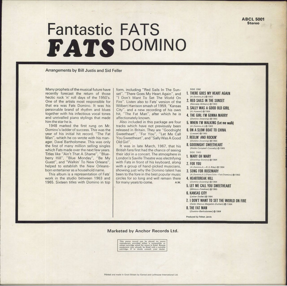 Fats Domino Fantastic Fats UK vinyl LP album (LP record)