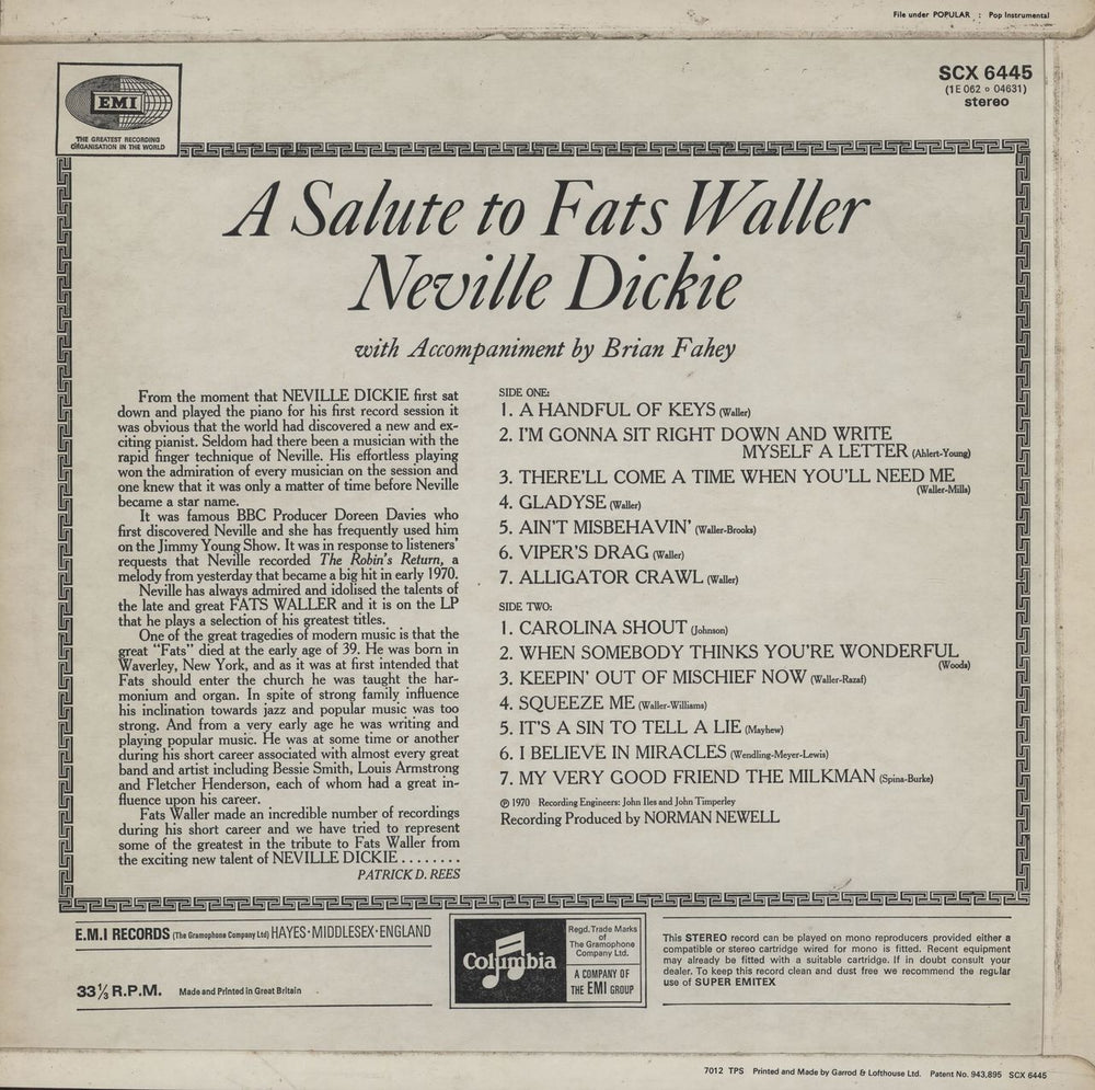 Fats Waller A Salute To Fats Waller UK vinyl LP album (LP record)