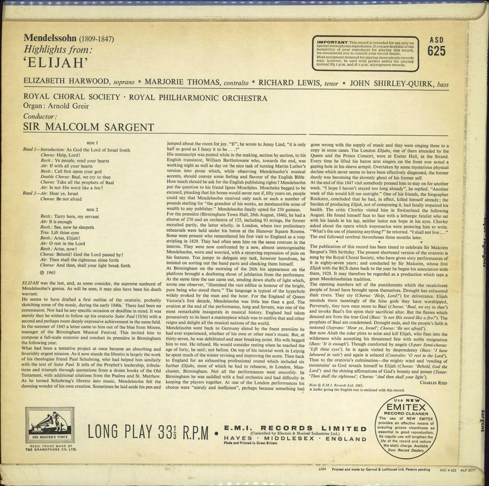 Felix Mendelssohn Highlights From Elijah UK vinyl LP album (LP record)