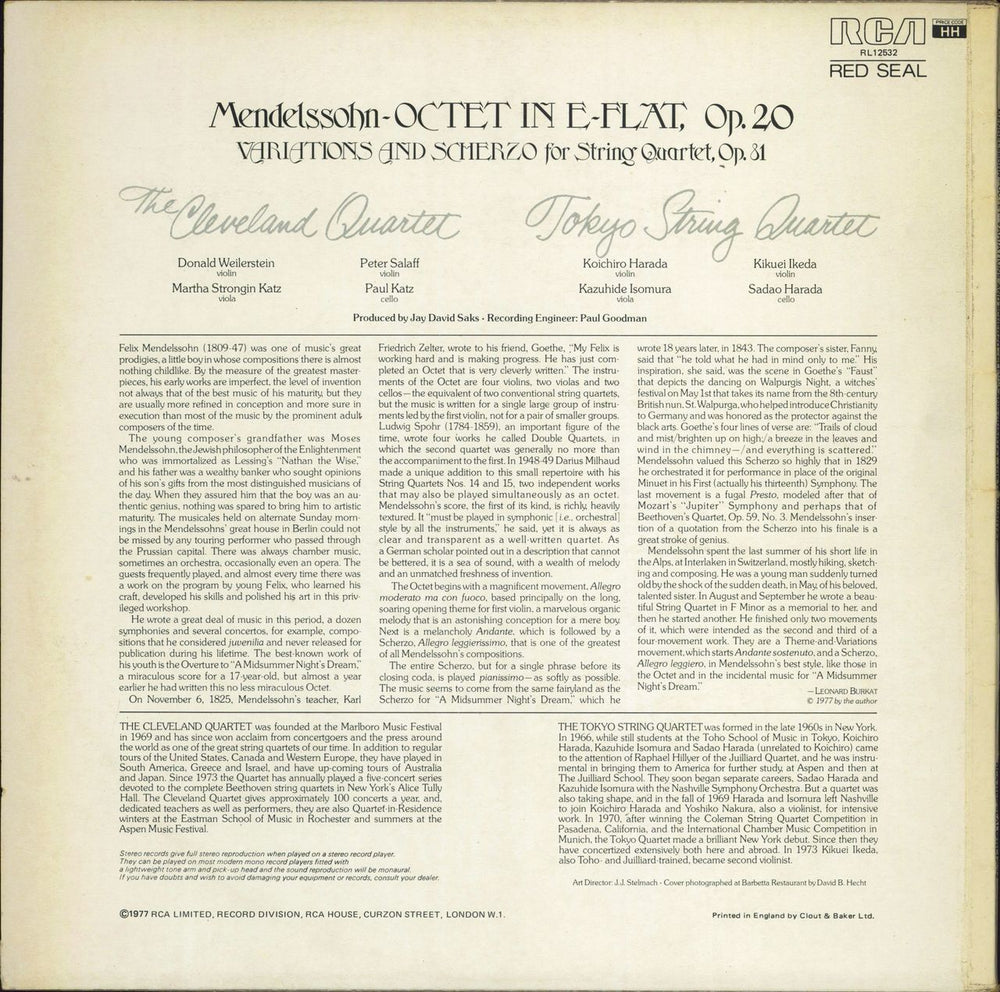 Felix Mendelssohn Octet in E Flat, Op.20 / Variations And Scherzo For String Quartet, Op.31 UK vinyl LP album (LP record)