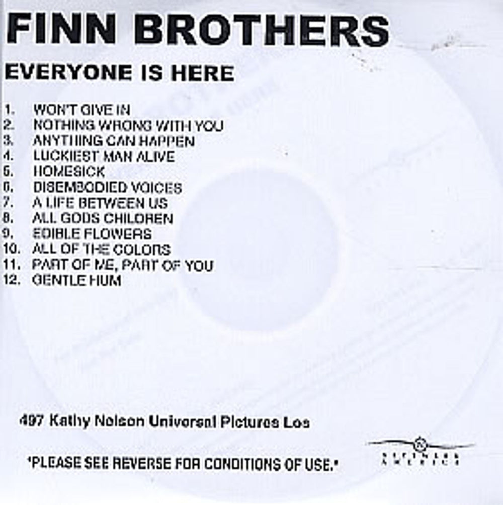 Finn Brothers Everyone Is Here US Promo CD-R acetate CDR ACETATE