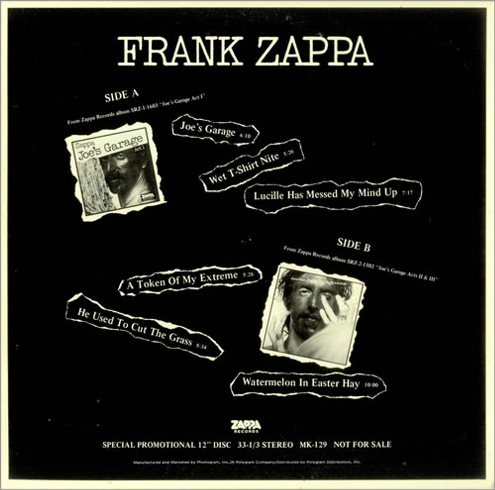 Frank Zappa Joe's Garage Sampler US Promo vinyl LP album (LP record) MK-129