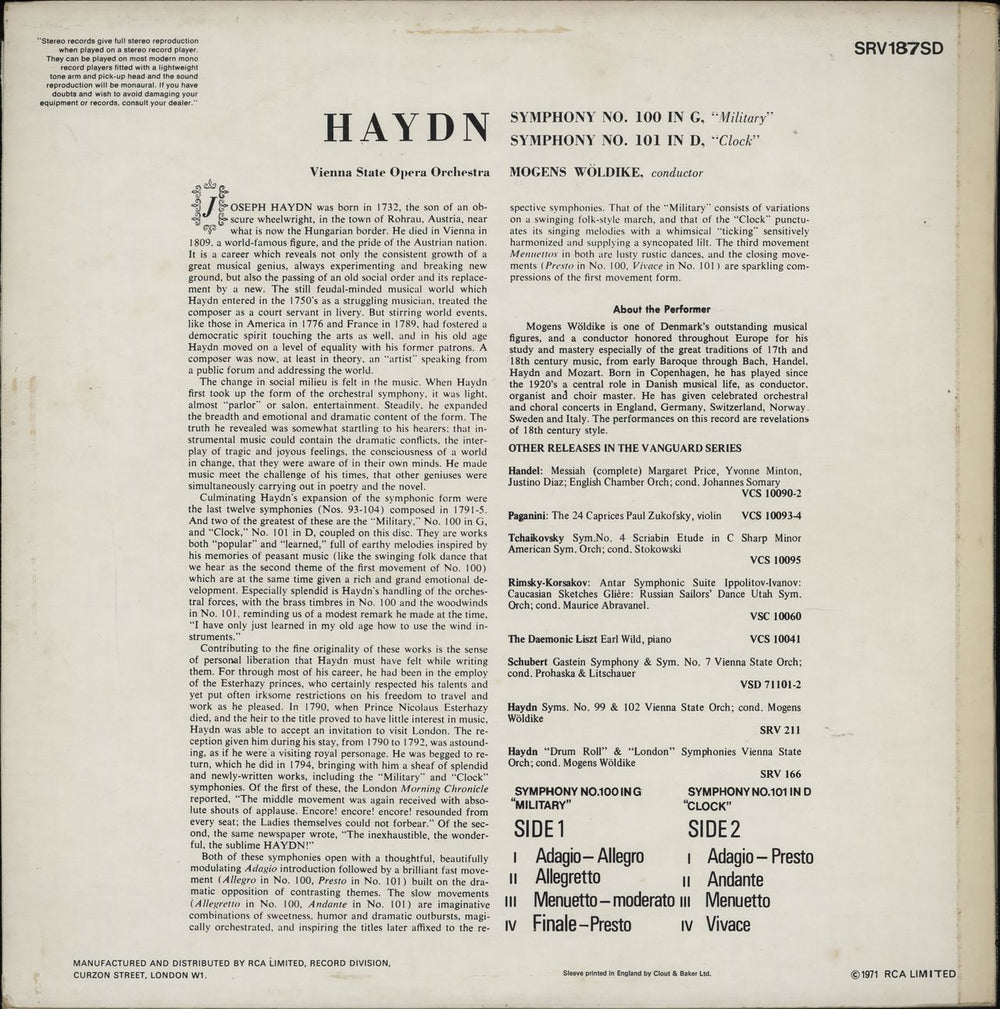 Franz Joseph Haydn Symphony No. 100 in G "Military" / Symphony No. 101 in D "Clock" UK vinyl LP album (LP record)
