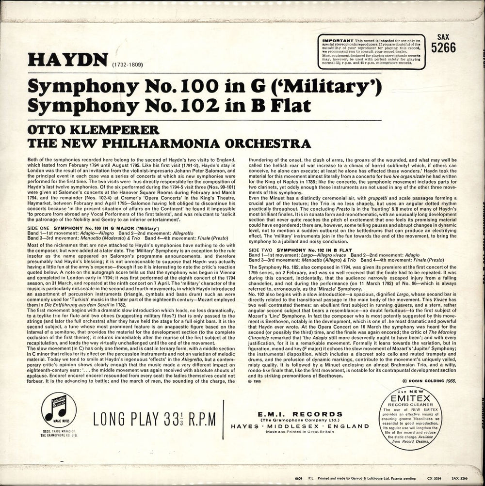 Franz Joseph Haydn Symphony No. 100 in G ('Military') / Symphony No. 102 in B Flat UK vinyl LP album (LP record)