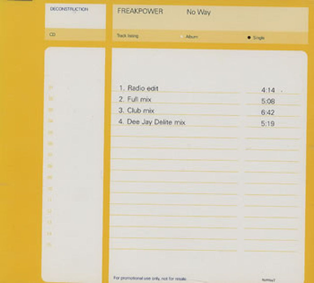 Freak Power No Way UK Promo CD single (CD5 / 5") NOWAY2