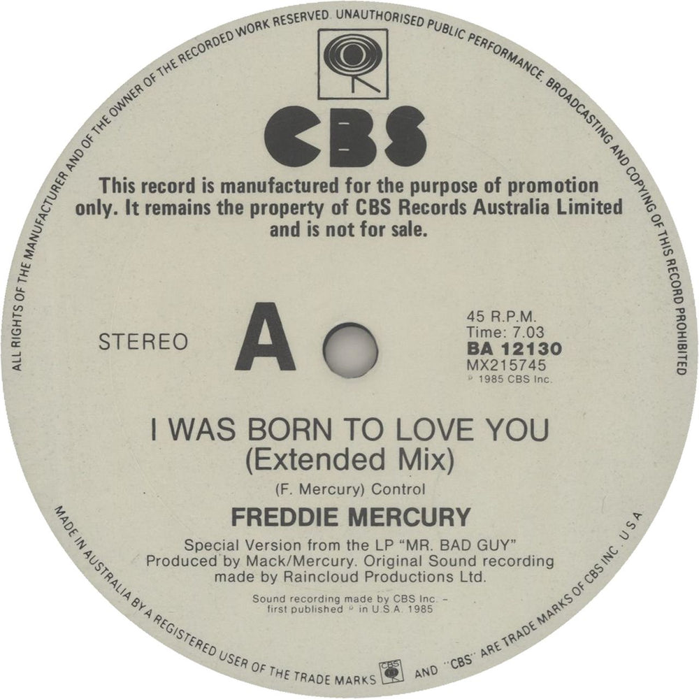 Freddie Mercury I Was Born To Love You Australian Promo 12" vinyl single (12 inch record / Maxi-single)