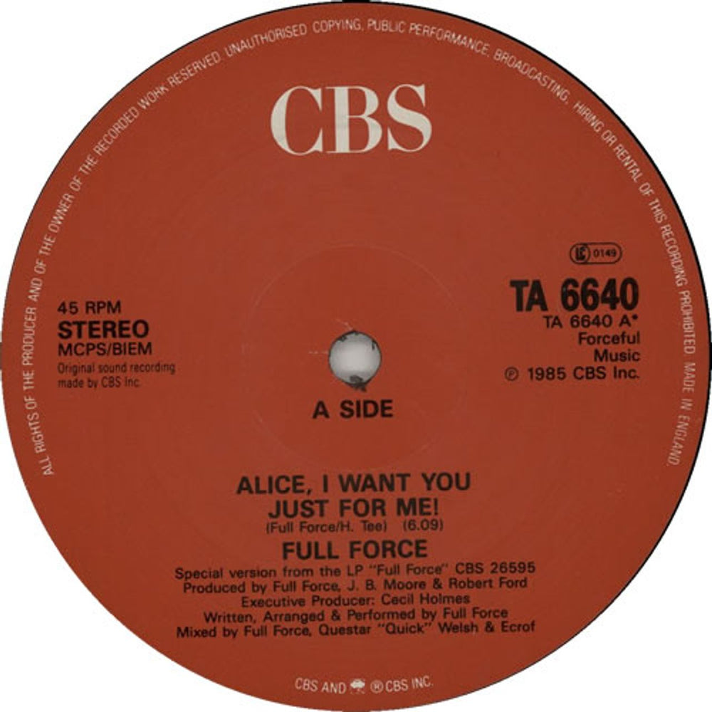 Full Force Alice, I Want You Just For Me UK 12" vinyl single (12 inch record / Maxi-single) TA6640