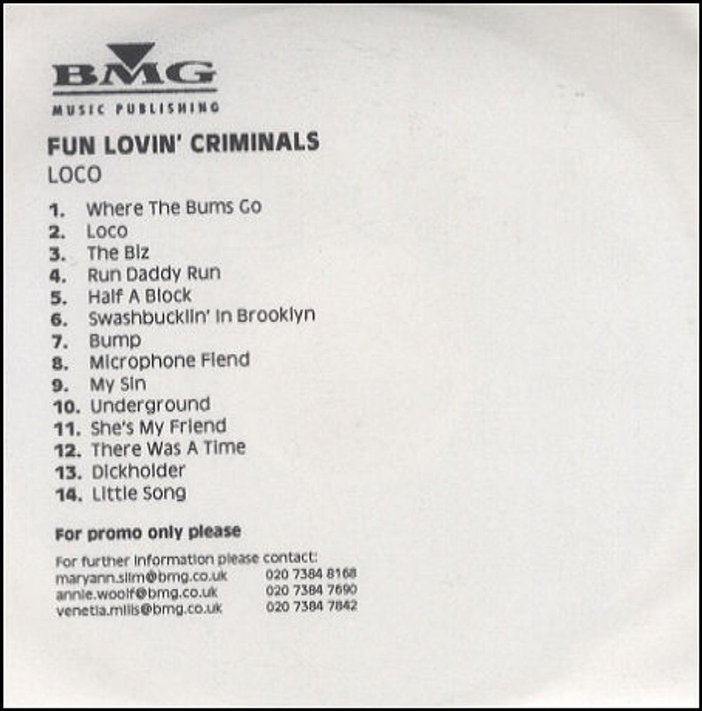 Fun Lovin Criminals Loco - 14 tracks UK Promo CD-R acetate CD-R ACETATE