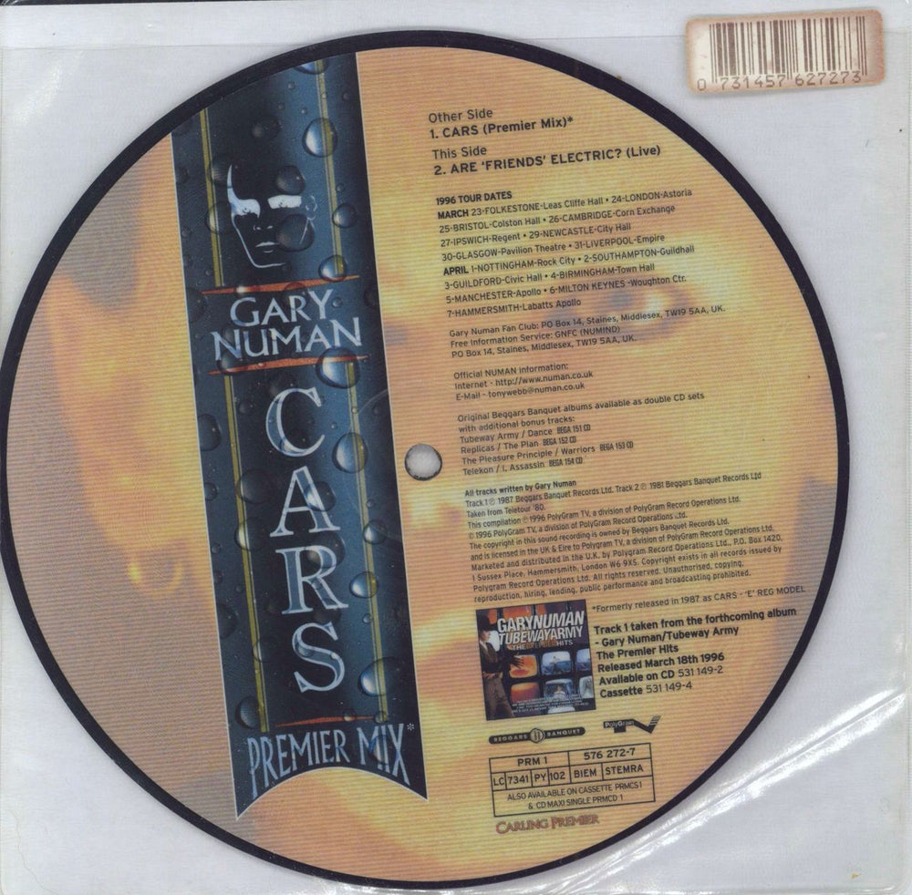 Gary Numan Cars - Premier Mix - 500 UK 7" vinyl picture disc (7 inch picture disc single) NUM7PCA795076