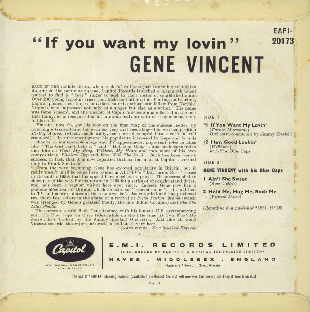 Gene Vincent If You Want My Lovin' UK 7" vinyl single (7 inch record / 45)