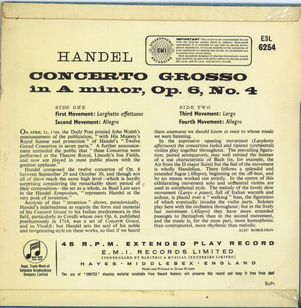 George Frideric Handel Concerto Grosso in A Minor Op.6 No.4 UK 7" vinyl single (7 inch record / 45)