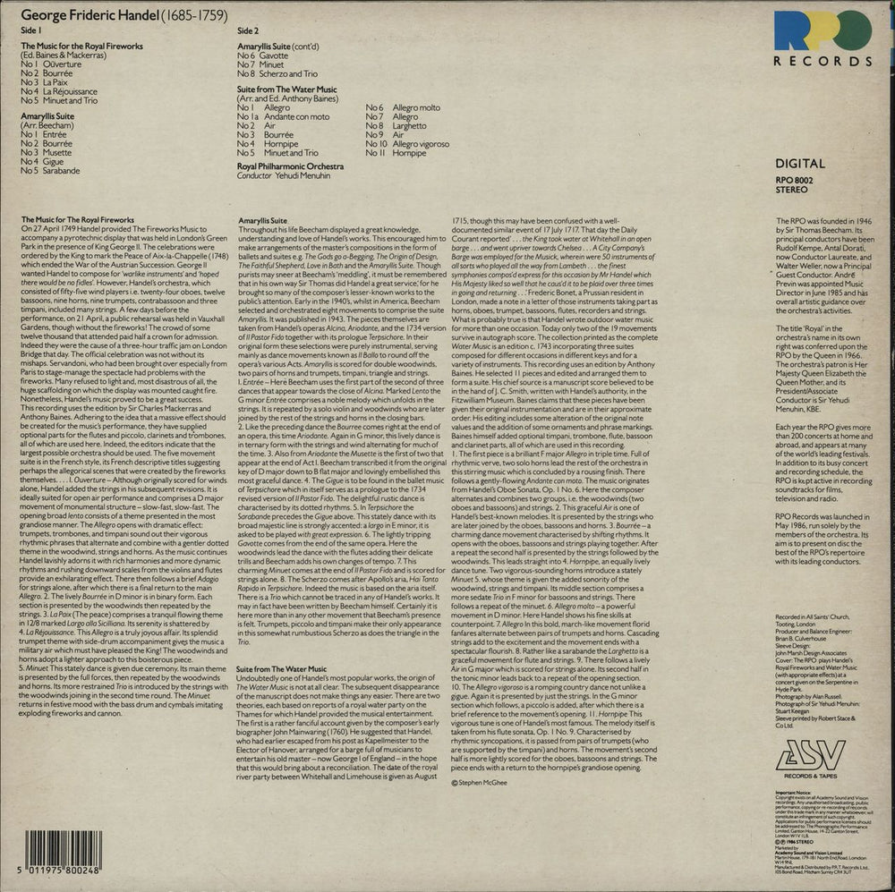 George Frideric Handel Music For The Royal Fireworks / Amaryllis Suite / Suite From The Water Music UK vinyl LP album (LP record) 5011975800248
