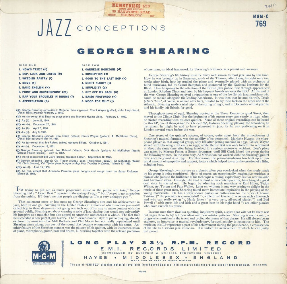 George Shearing Jazz Conceptions UK vinyl LP album (LP record)