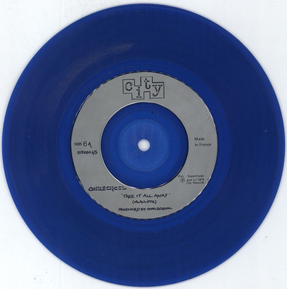 Girlschool Take It All Away - Blue Vinyl UK 7" vinyl single (7 inch record / 45) GSC07TA796407