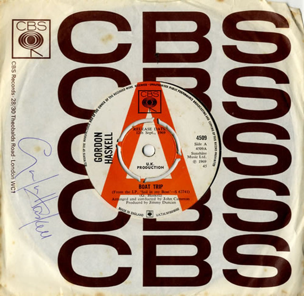 Gordon Haskell Boat Trip -  Autographed Sleeve UK Promo 7" vinyl single (7 inch record / 45) 4509