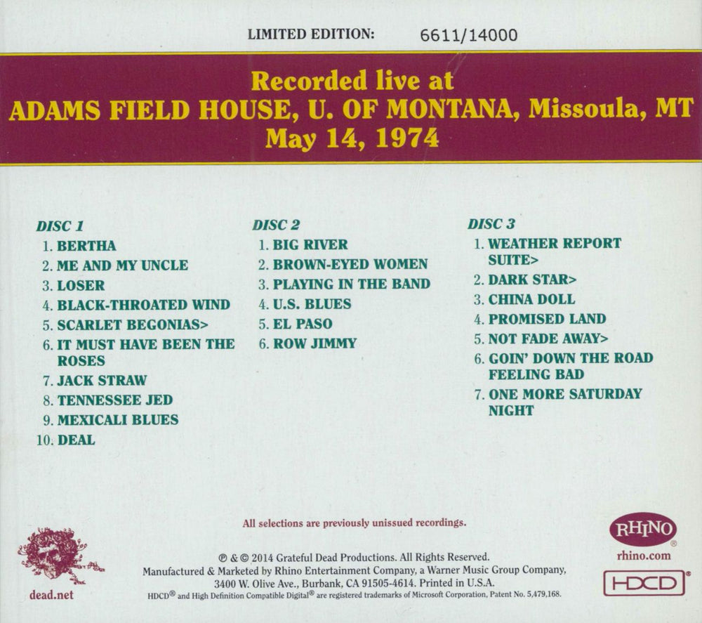 Grateful Dead Dave's Picks Volume 9: Harry Adams Field House, U. Of Montana, Missoula, MT 5/14/74 US 3-CD album set (Triple CD)