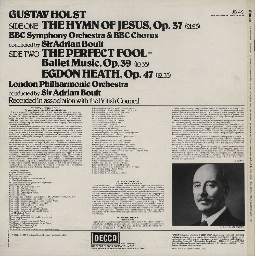 Gustav Holst The Hymn Of Jesus / The Perfect Fool - Ballet Music / Egdon Heath UK vinyl LP album (LP record)