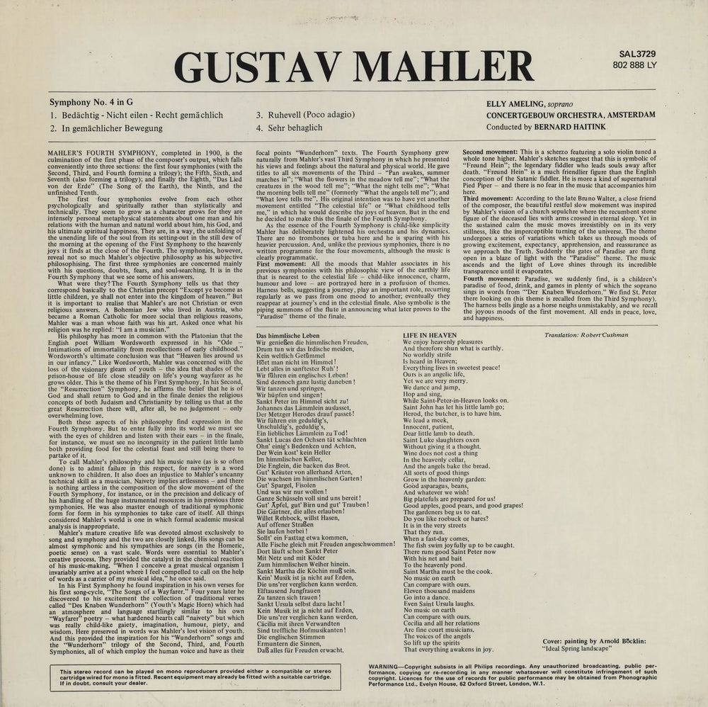 Gustav Mahler Symphony No. 4 UK vinyl LP album (LP record)