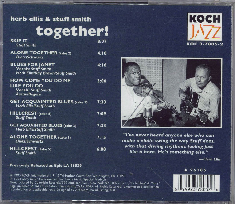 Herb Ellis Herb Ellis And Stuff Smith Together US CD album (CDLP) 099923780526