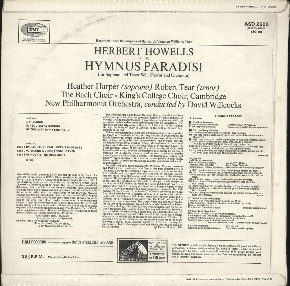 Herbert Howells Herbert Howells: Hymnus Paradisi UK vinyl LP album (LP record)