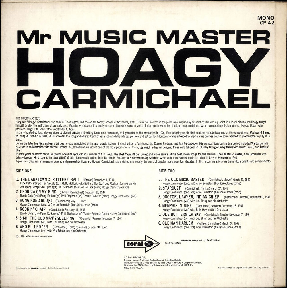 Hoagy Carmichael Mr Music Master UK vinyl LP album (LP record)