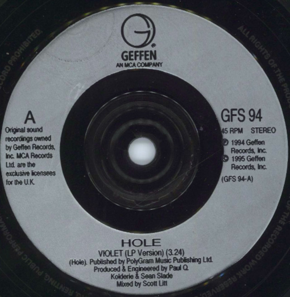 Hole Violet - Black Vinyl + PVC & Insert UK 7" vinyl single (7 inch record / 45) HLE07VI73477