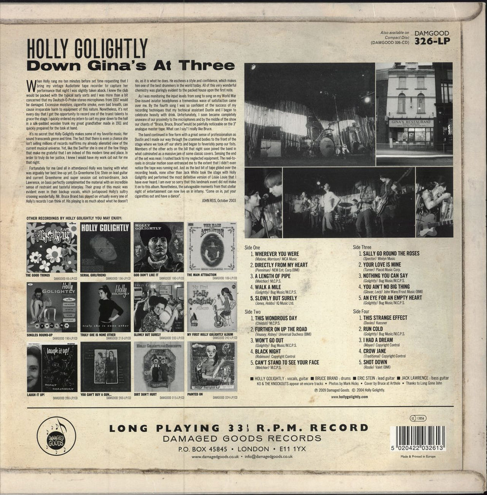 Holly Golightly Down Gina's At Three UK 2-LP vinyl record set (Double LP Album) 5020422032613