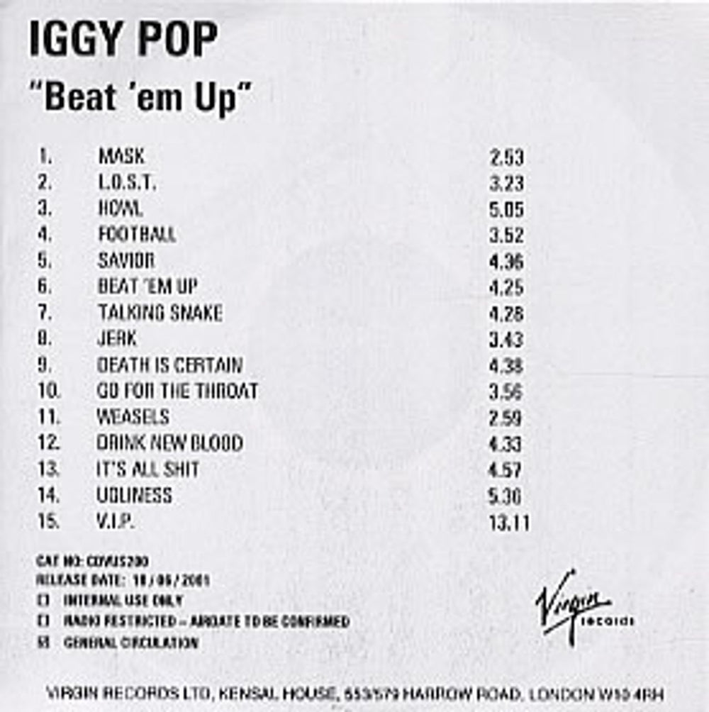 Iggy Pop Beat 'Em Up UK Promo CD-R acetate CD ACETATE