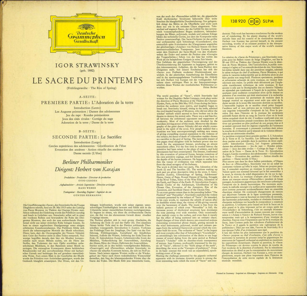 Igor Stravinsky Stravinsky: Le Sacre Du Printemps German vinyl LP album (LP record)
